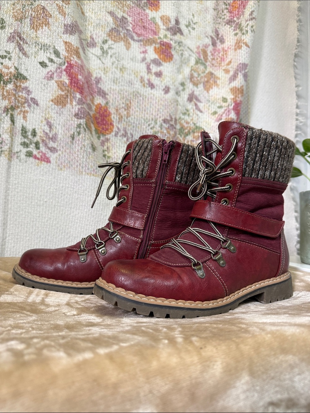 Denver Hayes Wine Red Lace-Up Quilted Cuff Ankle Boots